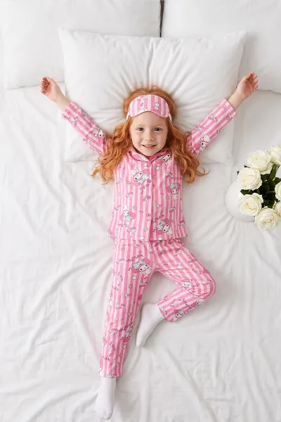 Pembe (4-12 Yaş)Karakter  Desenli   Uzun Kol  Ön Düğmeli Göz Bandı Detaylı Kız Çocuk Pijama Takım 473663