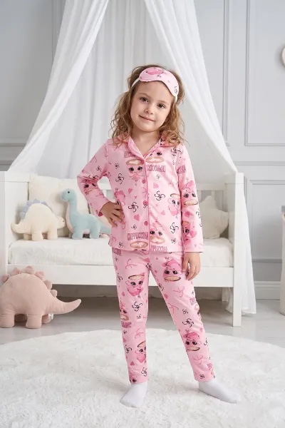 Pembe (4-12 Yaş)Karakter  Desenli   Uzun Kol  Ön Düğmeli Göz Bandı Detaylı Kız Çocuk Pijama Takım 473670