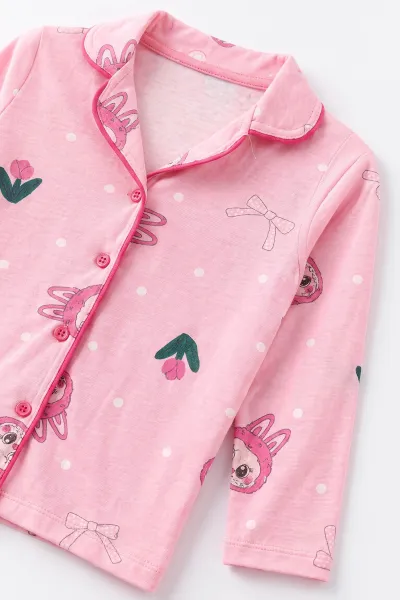 Pembe (4-12 Yaş)Karakter Desenli   Uzun Kol  Ön Düğmeli  Kız Çocuk Pijama Takım 500678