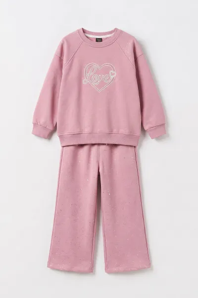 Pembe (4-12 Yaş)Love Kalp Nakışlı  3 İp Şardonlu Kız Çocuk Kışlık Takım 497779