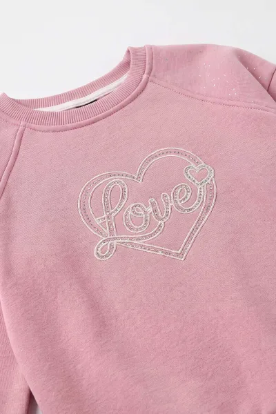 Pembe (4-12 Yaş)Love Kalp Nakışlı  3 İp Şardonlu Kız Çocuk Kışlık Takım 497779
