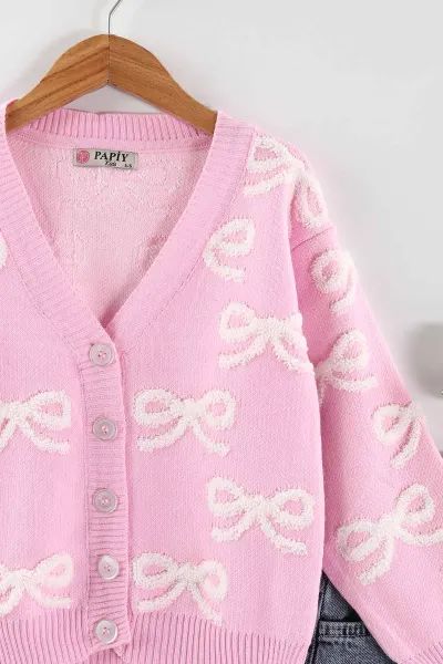 Pembe (4-12 Yaş)Süzene Fiyonklu Triko Hırkalı Kot Pantolonlu Kız Çocuk Takım 433751