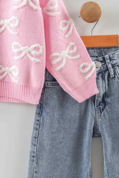 Pembe (4-12 Yaş)Süzene Fiyonklu Triko Hırkalı Kot Pantolonlu Kız Çocuk Takım 433751