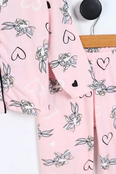 Pembe (4-12 Yaş)Tavşan Baskılı Ön Düğmeli Göz Bandı Detaylı Kız Çocuk Pijama Takım  337896