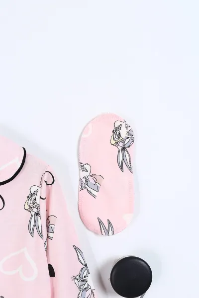 Pembe (4-12 Yaş)Tavşan Baskılı Ön Düğmeli Göz Bandı Detaylı Kız Çocuk Pijama Takım  337896