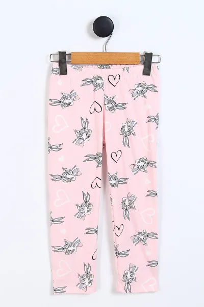 Pembe (4-12 Yaş)Tavşan Baskılı Ön Düğmeli Göz Bandı Detaylı Kız Çocuk Pijama Takım  337896
