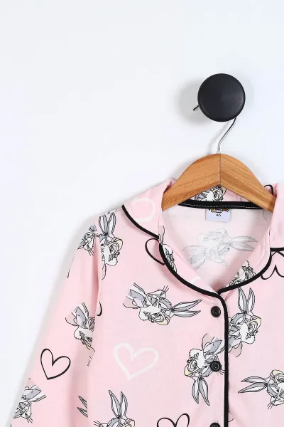 Pembe (4-12 Yaş)Tavşan Baskılı Ön Düğmeli Göz Bandı Detaylı Kız Çocuk Pijama Takım  337896