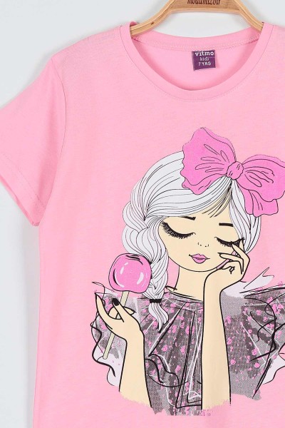 Pembe (4-6 Yaş) Elme Şekeri Baskılı Kız Çocuk Pijama takım 186843