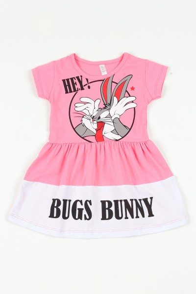 Pembe (4-8 yaş) Bugs Bunny Baskılı Beli Lastikli Kız Çocuk Elbise 108779