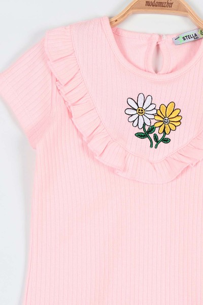 Pembe (4-8 Yaş) Papatya Nakışlı Yaka Fırfırlı Şortlu Kız Bebe Takım 191387