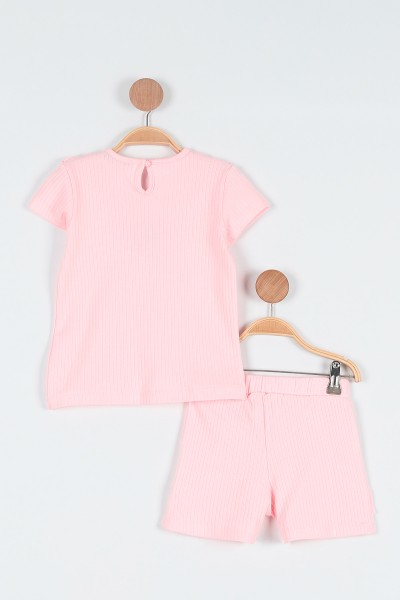 Pembe (4-8 Yaş) Papatya Nakışlı Yaka Fırfırlı Şortlu Kız Bebe Takım 191387