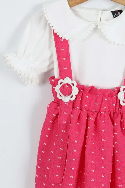 Pembe (4-8 Yaş) Papatya Tokalı Bebe Yaka Kız Çocuk Salopet Takım 276852