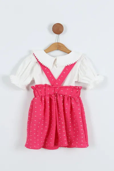 Pembe (4-8 Yaş) Papatya Tokalı Bebe Yaka Kız Çocuk Salopet Takım 276852