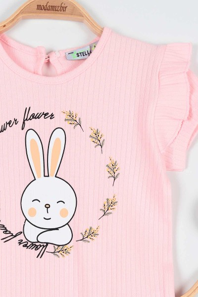 Pembe (4-8 Yaş) Tavşan Baskılı Kol Fırfırlı Şortlu Kız Bebe Takım 191384
