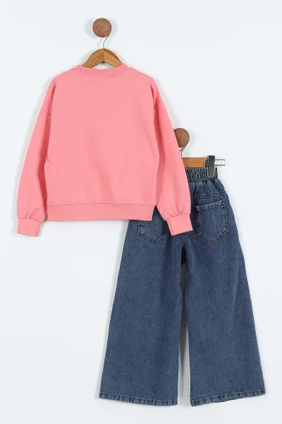 Pembe (5-10 Yaş)Happy Holidays  Nakışlı Sweatli Bol Paça Kot Pantolonlu Kız Çocuk 2'li Takım 416188