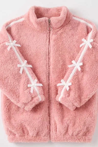 Pembe (5-11 Yaş) Kolları Biyeli Fiyonk Detaylı Peluş Kız Çocuk Hırka 497873