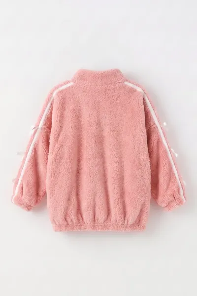 Pembe (5-11 Yaş) Kolları Biyeli Fiyonk Detaylı Peluş Kız Çocuk Hırka 497873