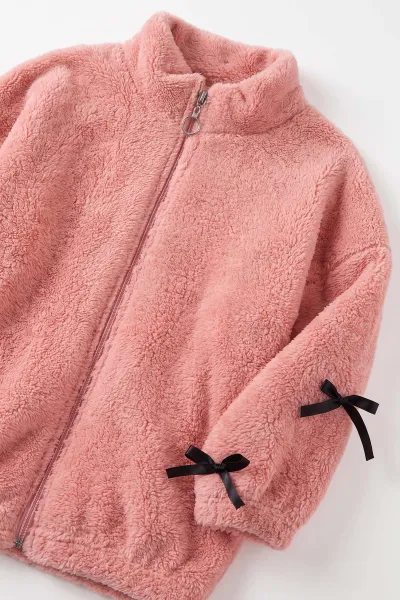 Pembe (5-11 Yaş)Kolları Fiyonklu Peluş Kız Çocuk Hırka 498269
