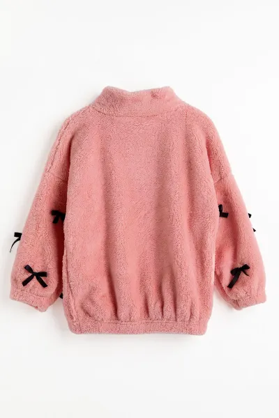 Pembe (5-11 Yaş)Kolları Fiyonklu Peluş Kız Çocuk Hırka 498269