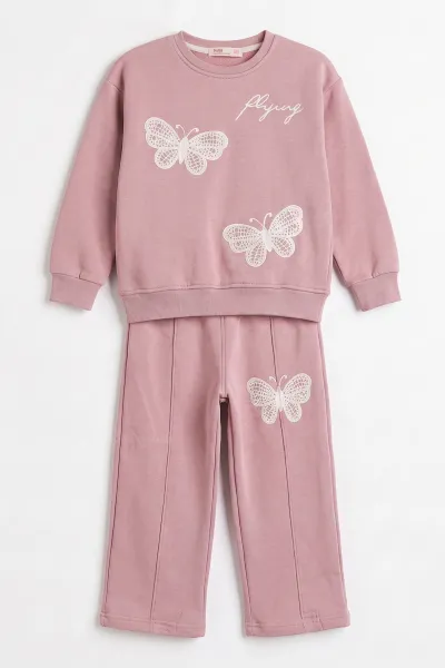 Pembe (5-12 Yaş)  Kelebek Nakışlı  3 İp Şardonlu Kız Çocuk Kışlık Takım 482965
