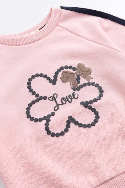 Pembe (5-12 Yaş) Love Baskılı Kol Şeritli  3 İp Şardonlu Kız Çocuk Kışlık Takım 499719