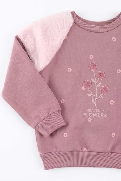 Pembe (5-12 Yaş) Papatya Baskılı Kolları Peluş 3 İp Şardonlu Kız Çocuk Kışlık Takım 499702