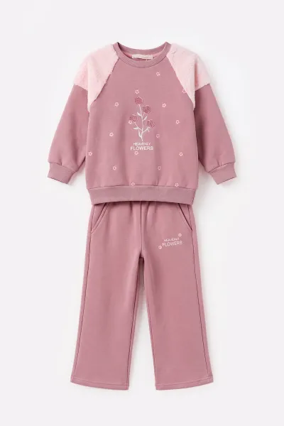 Pembe (5-12 Yaş) Papatya Baskılı Kolları Peluş 3 İp Şardonlu Kız Çocuk Kışlık Takım 499702