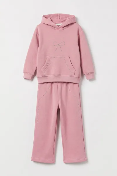 Pembe (5-12  Yaş) Taşlı Fiyonk Baskılı Kanguru Cepli    3 İp Şardonlu Kız Çocuk Kışlık Takım 483057
