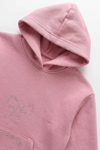 Pembe (5-12  Yaş) Taşlı Fiyonk Baskılı Kanguru Cepli    3 İp Şardonlu Kız Çocuk Kışlık Takım 483057