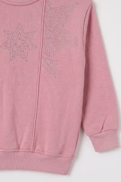 Pembe (5-12 Yaş) Taşlı Yıldız Baskılı 3 İp Şardonlu Kız Çocuk Kışlık Takım 478606