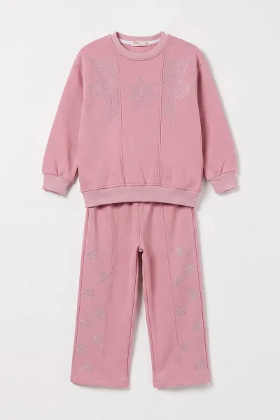 Pembe (5-12 Yaş) Taşlı Yıldız Baskılı 3 İp Şardonlu Kız Çocuk Kışlık Takım 478606