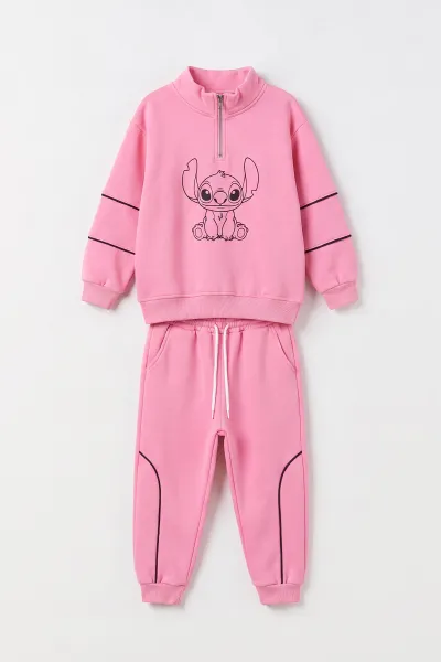Pembe (5-12 Yaş)Karakter Baskılı Yakadan Yarım Fermuarlı 3 İp Şardonlu Kız Çocuk Kışlık Takım 498901