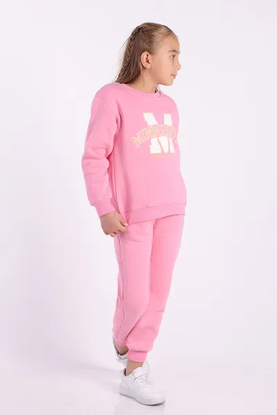 Pembe (5-12 Yaş)Ön Kabartma Baskılı Üç İp Şardonlu Kız Çocuk Kışlık Takım 325593