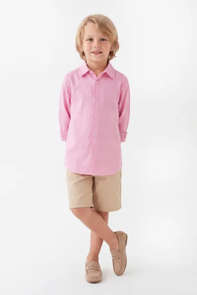 Pembe (5-12 Yaş)Uzun Kol Gömlekli Gabardin Şortlu Erkek Çocuk Takım 455448