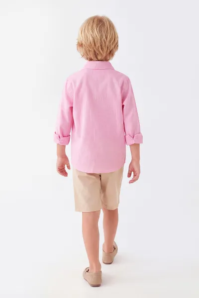 Pembe (5-12 Yaş)Uzun Kol Gömlekli Gabardin Şortlu Erkek Çocuk Takım 455448