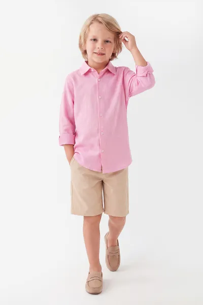 Pembe (5-12 Yaş)Uzun Kol Gömlekli Gabardin Şortlu Erkek Çocuk Takım 455448