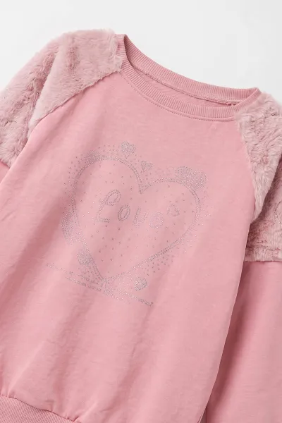 Pembe (5-13 Yaş) Love Taş Baskılı  Peluşlu İçi Hafif   Şardonlu Kız Çocuk Sweatshirt 489283