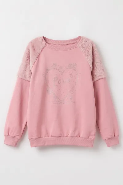 Pembe (5-13 Yaş) Love Taş Baskılı  Peluşlu İçi Hafif   Şardonlu Kız Çocuk Sweatshirt 489283