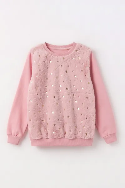 Pembe (5-13 Yaş) Önü Yıldızlı  Peluşlu İçi  Hafif   Şardonlu Kız Çocuk Sweatshirt 489287