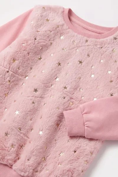 Pembe (5-13 Yaş) Önü Yıldızlı  Peluşlu İçi  Hafif   Şardonlu Kız Çocuk Sweatshirt 489287