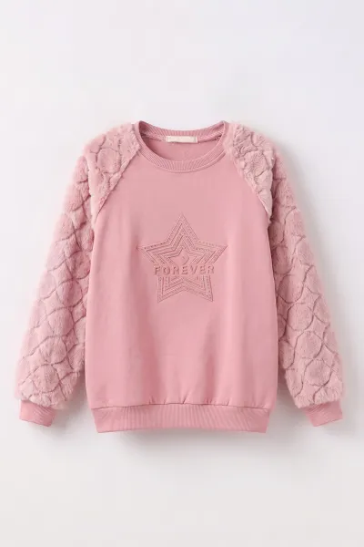 Pembe (5-13 Yaş) Yıldız Baskılı Kolları Peluşlu İçi  Hafif Pamuklu Kız Çocuk Sweatshirt 489292
