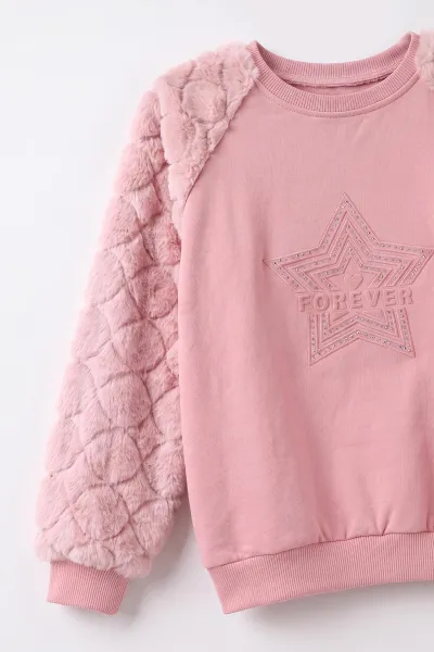 Pembe (5-13 Yaş) Yıldız Baskılı Kolları Peluşlu İçi  Hafif Pamuklu Kız Çocuk Sweatshirt 489292