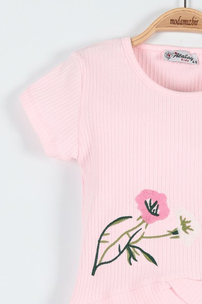 Pembe (5-8 Yaş) Çiçek Nakışlı Bel Detaylı Fitilli Kız Çocuk Takım 184814