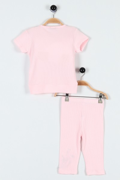 Pembe (5-8 Yaş) Çiçek Nakışlı Bel Detaylı Fitilli Kız Çocuk Takım 184814