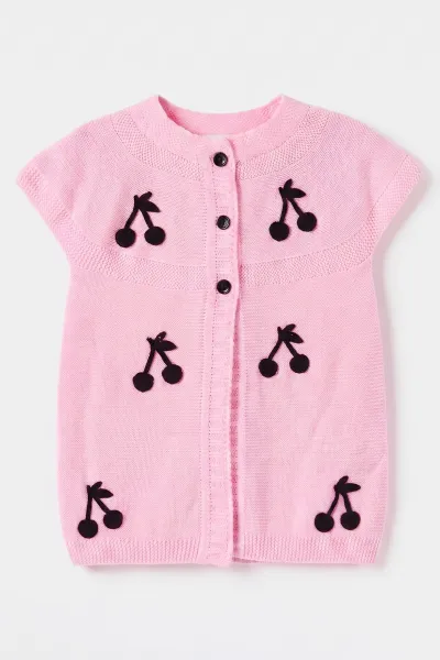 Pembe (5-8 Yaş) Garson Boy Kiraz Nakışlı Düğmeli Kız Çocuk Yelek 474471
