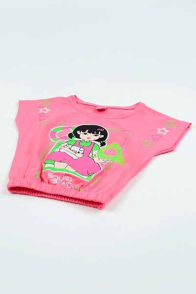 Pembe (5-8 Yaş) Kız Baskılı Beli Lastikli Kız Çocuk Tişört 105350