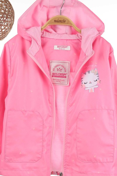 Pembe (5-8 Yaş) Papyonlu Kedi Baskılı Kız Çocuk Yağmurluk Mont 141211