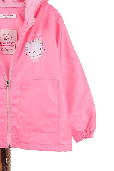 Pembe (5-8 Yaş) Papyonlu Kedi Baskılı Kız Çocuk Yağmurluk Mont 141211
