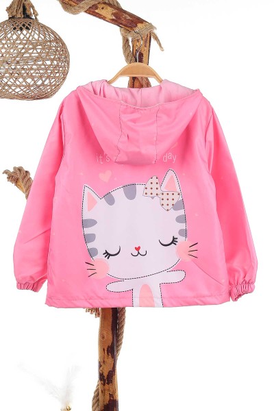 Pembe (5-8 Yaş) Papyonlu Kedi Baskılı Kız Çocuk Yağmurluk Mont 141211