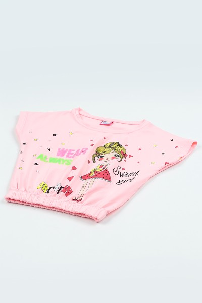 Pembe (5-8 yaş) Pul İşlemeli Bel Lastikli Kız Çocuk Tişört 105294